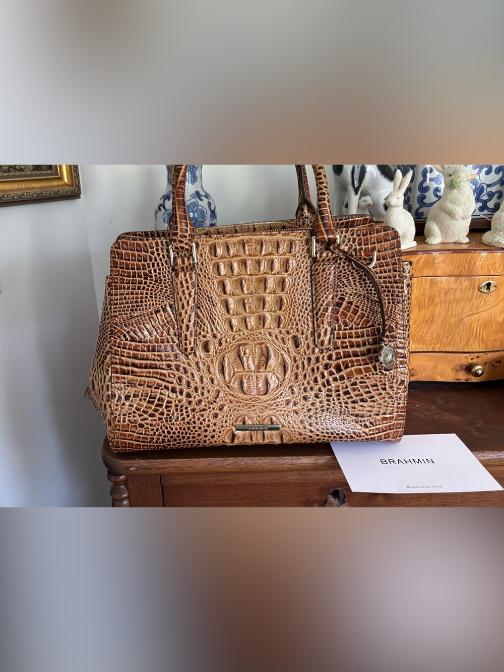 BRAHMIN Finley Tan Croc-Embossed Satchel